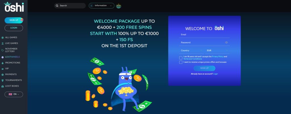 Oshi casino landing page